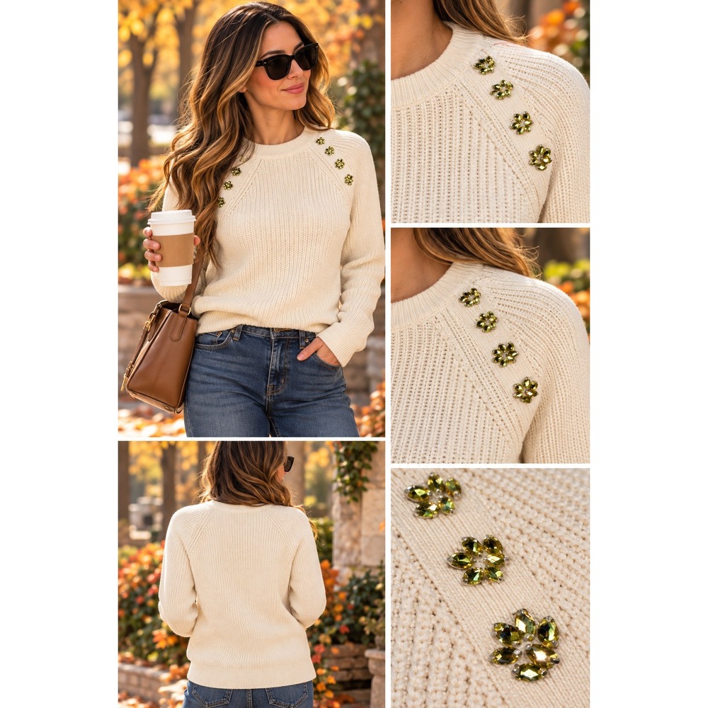 Banana Republic Jeweled Button Cotton Blend Ribbed Sweater Cream XS Crewneck